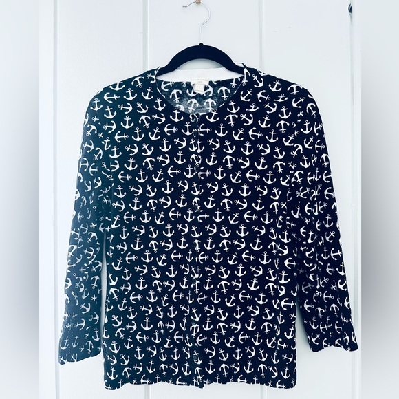 J Crew Clare Cardigan / Nautical Anchor Print / Black White / L - Picture 1 of 7